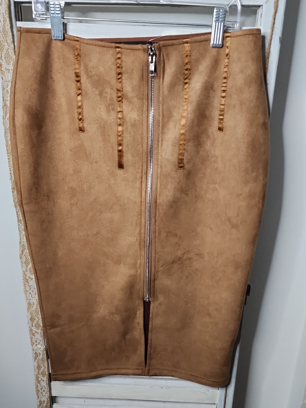HYFVE Camel Faux Suede Pencil Skirt with Center Zip